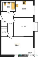 Планировка двухкомнатной(квартира) площадью 59.41 квадратных метров в “ЖК Пригород Лесное”