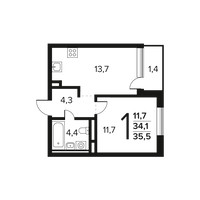 Планировка однокомнатной(квартира) площадью 35.5 квадратных метров в “Новые Ватутинки. Заречный”