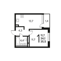 Планировка однокомнатной(квартира) площадью 35.5 квадратных метров в ЖК “Новые Ватутинки. Заречный”
