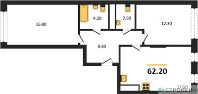 Планировка двухкомнатной(квартира) площадью 62.2 квадратных метров в ЖК “ЖК Переделкино Ближнее”