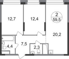 Планировка двухкомнатной(квартира) площадью 59.5 квадратных метров в “ЖК Первый Московский”