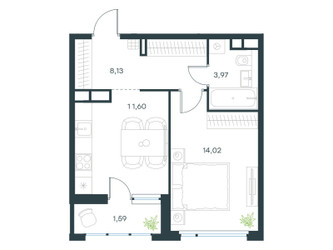 Планировка однокомнатной(квартира) площадью 39.3 квадратных метров в ЖК “ЖК Левел Лесной”