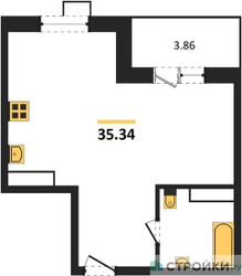 Планировка однокомнатной(квартира) площадью 35.34 квадратных метров в ЖК “ЖК Радость (Радумля Парк)”