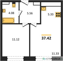 Планировка однокомнатной(апартаменты) площадью 37.42 квадратных метров в “ЖК Движение. Говорово”