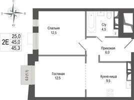 Планировка двухкомнатной(квартира) площадью 45 квадратных метров в “ЖК КИНОКВАРТАЛ”
