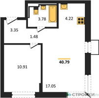 Планировка однокомнатной(квартира) площадью 40.79 квадратных метров в “ЖК Богдановский Лес”