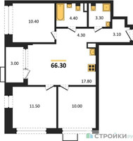 Планировка трехкомнатной(квартира) площадью 66.3 квадратных метров в “ЖК Прокшино”