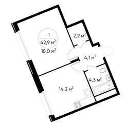 Планировка однокомнатной(квартира) площадью 42.9 квадратных метров в ЖК “ЖК Переделкино Ближнее”