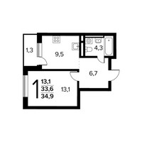 Планировка однокомнатной(квартира) площадью 34.9 квадратных метров в “Новые Ватутинки. Заречный”