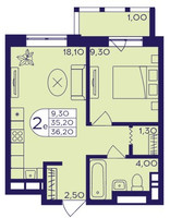 Планировка двухкомнатной(квартира) площадью 36.2 квадратных метров в “ЖК Героев”