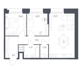Планировка двухкомнатной(апартаменты) площадью 64.24 квадратных метров в ЖК “ЖК Апарт-отель Тропарево парк”