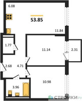 Планировка двухкомнатной(квартира) площадью 53.85 квадратных метров в “ЖК Мытищи Парк”