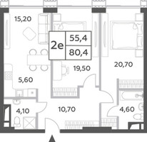 Планировка двухкомнатной(квартира) площадью 80.4 квадратных метров в “ЖК Will Towers (Вилл Тауэрс)”