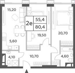 Планировка двухкомнатной(квартира) площадью 80.4 квадратных метров в ЖК “ЖК Will Towers (Вилл Тауэрс)”