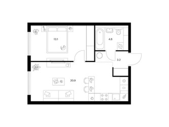 Планировка однокомнатной(квартира) площадью 42 квадратных метров в ЖК “ЖК Кронштадтский 9”