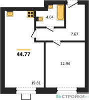 Планировка однокомнатной(квартира) площадью 44.77 квадратных метров в “ЖК Мечта”