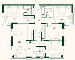 Планировка двухкомнатной(квартира) площадью 106 квадратных метров в “ЖК Клубный город на реке Primavera (Примавера)”
