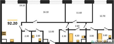 Планировка трехкомнатной(квартира) площадью 92.2 квадратных метров в “ЖК Voxhall (Воксхолл)”