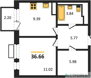 Планировка однокомнатной(квартира) площадью 36.66 квадратных метров в ЖК “ЖК Пятницкие луга”