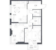 Планировка двухкомнатной(квартира) площадью 55.63 квадратных метров в “ЖК Пригород Лесное”