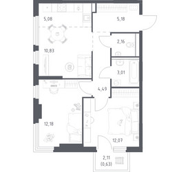 Планировка двухкомнатной(квартира) площадью 55.63 квадратных метров в ЖК “ЖК Пригород Лесное”