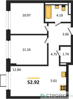 Планировка двухкомнатной(квартира) площадью 52.92 квадратных метров в “ЖК Квартал Западный”