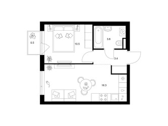 Планировка однокомнатной(квартира) площадью 34.5 квадратных метров в ЖК “Бунинская набережная”