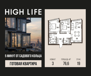 Планировка трехкомнатной(квартира) площадью 76.6 квадратных метров в ЖК “ЖК High Life (Хай Лайф)”