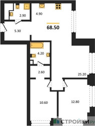 Планировка двухкомнатной(квартира) площадью 68.5 квадратных метров в “ЖК Upside Towers (Апсайд Тауэрс)”