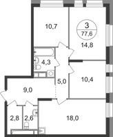 Планировка трехкомнатной(квартира) площадью 77.6 квадратных метров в “ЖК Первый Московский”