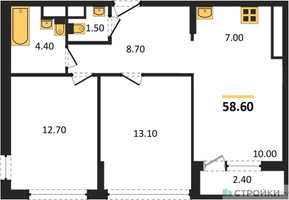 Планировка двухкомнатной(квартира) площадью 58.6 квадратных метров в “ЖК Южные сады”