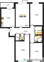Планировка 4+ комнатной(квартира) площадью 108.9 квадратных метров в “ЖК ЮЖНАЯ БИТЦА”