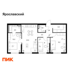 Планировка трехкомнатной(квартира) площадью 78.3 квадратных метров в ЖК “ЖК Ярославский”