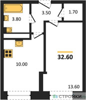 Планировка однокомнатной(квартира) площадью 32.6 квадратных метров в “ЖК Пушкино Град”