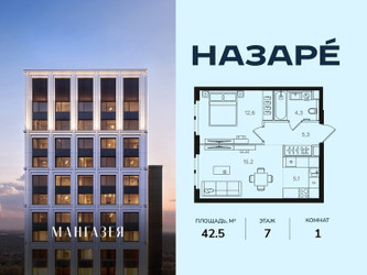 Планировка однокомнатной(квартира) площадью 42.5 квадратных метров в ЖК “ЖК НАЗАРÉ (Мангазея в Богородском)”
