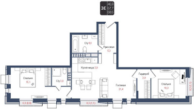 Планировка трехкомнатной(квартира) площадью 67.7 квадратных метров в ЖК “ЖК КИНОКВАРТАЛ”