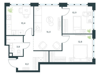 Планировка трехкомнатной(квартира) площадью 62.5 квадратных метров в ЖК “ЖК Левел Южнопортовая”