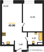 Планировка однокомнатной(квартира) площадью 43.9 квадратных метров в “ЖК СТОУН Райз”