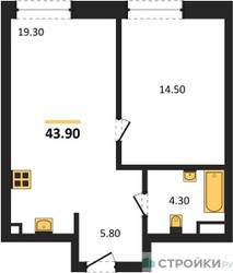 Планировка однокомнатной(квартира) площадью 43.9 квадратных метров в ЖК “ЖК СТОУН Райз”
