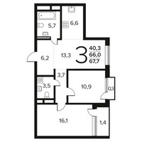 Планировка трехкомнатной(квартира) площадью 67.7 квадратных метров в “Новые Ватутинки. Заречный”