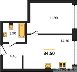 Планировка однокомнатной(квартира) площадью 34.5 квадратных метров в ЖК “ЖК Portland (Портланд)”