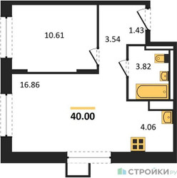 Планировка однокомнатной(квартира) площадью 40 квадратных метров в ЖК “ЖК Пригород Лесное”