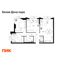 Планировка трехкомнатной(квартира) площадью 73.2 квадратных метров в ЖК “ЖК Белая Дача парк”
