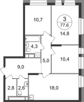 Планировка трехкомнатной(квартира) площадью 77.6 квадратных метров в “ЖК Первый Московский”