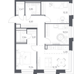 Планировка трехкомнатной(квартира) площадью 71.96 квадратных метров в ЖК “ЖК Верейская 41”