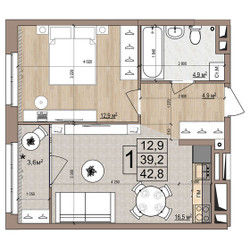 Планировка однокомнатной(квартира) площадью 42.8 квадратных метров в ЖК “ЖК Гранд Комфорт”