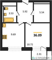 Планировка однокомнатной(квартира) площадью 36.09 квадратных метров в “ЖК Квартал Марьино”