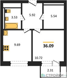 Планировка однокомнатной(квартира) площадью 36.09 квадратных метров в ЖК “ЖК Квартал Марьино”