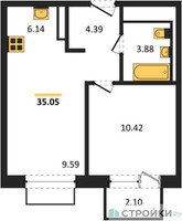 Планировка однокомнатной(квартира) площадью 35.05 квадратных метров в “ЖК Томилино Парк”