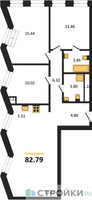 Планировка трехкомнатной(квартира) площадью 82.79 квадратных метров в “ЖК Insider (Инсайдер)”